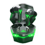 Black gaming wireless earbuds in charging case with green LED outlines and icons