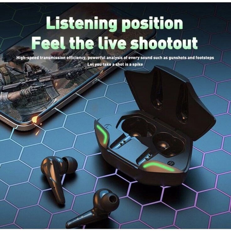 Wireless earbuds with open black charging case, featuring green LED indicators