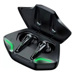 Black TWS gaming earbuds in open charging case with green LED accents