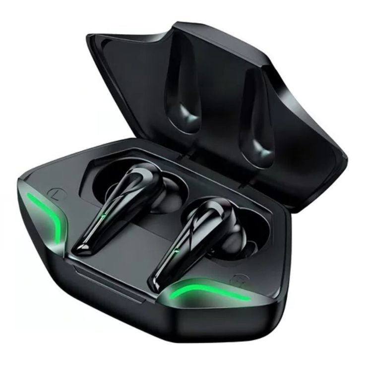 Black TWS gaming earbuds in open charging case with green LED accents