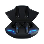 Black TWS gaming earbuds in open case with blue LED light bars