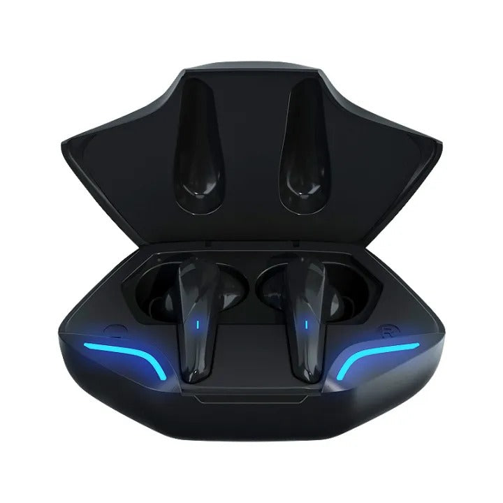Black TWS gaming earbuds in open case with blue LED light bars