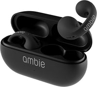 Dark gray wireless earbuds with open charging case and two earbuds