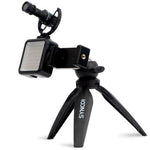 Vlogger kit with LED panel and microphone on folding tripod with phone mount