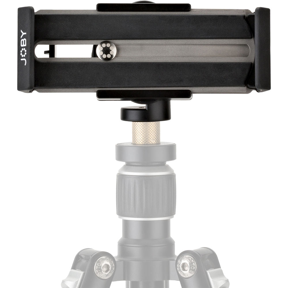 Adjustable tablet tripod holder clamp with black grip and silver adjustment stem