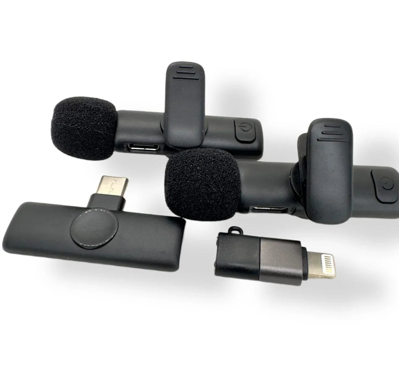 Wireless microphone set with two foam mics, receiver, and two charging adapters