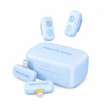 Sky blue wireless microphone kit with charging case, two clip-on transmitters, and cable.