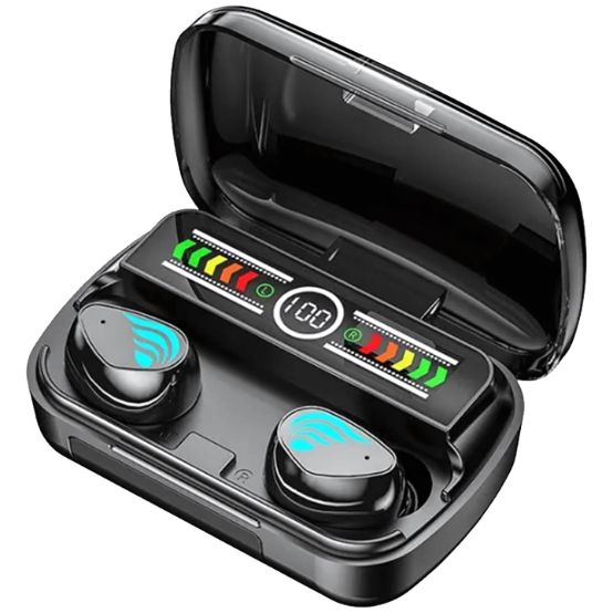 Black wireless earbuds in open charging case with LED battery indicators
