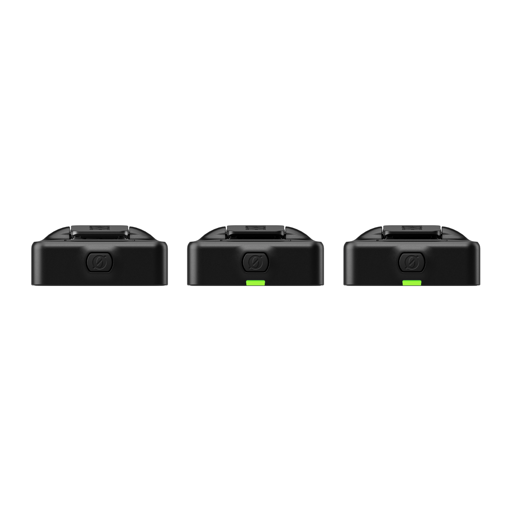 Black wireless microphone transmitter/receiver units, angled front views