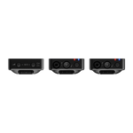 Black wireless microphone receiver with ports and controls on the rear panel