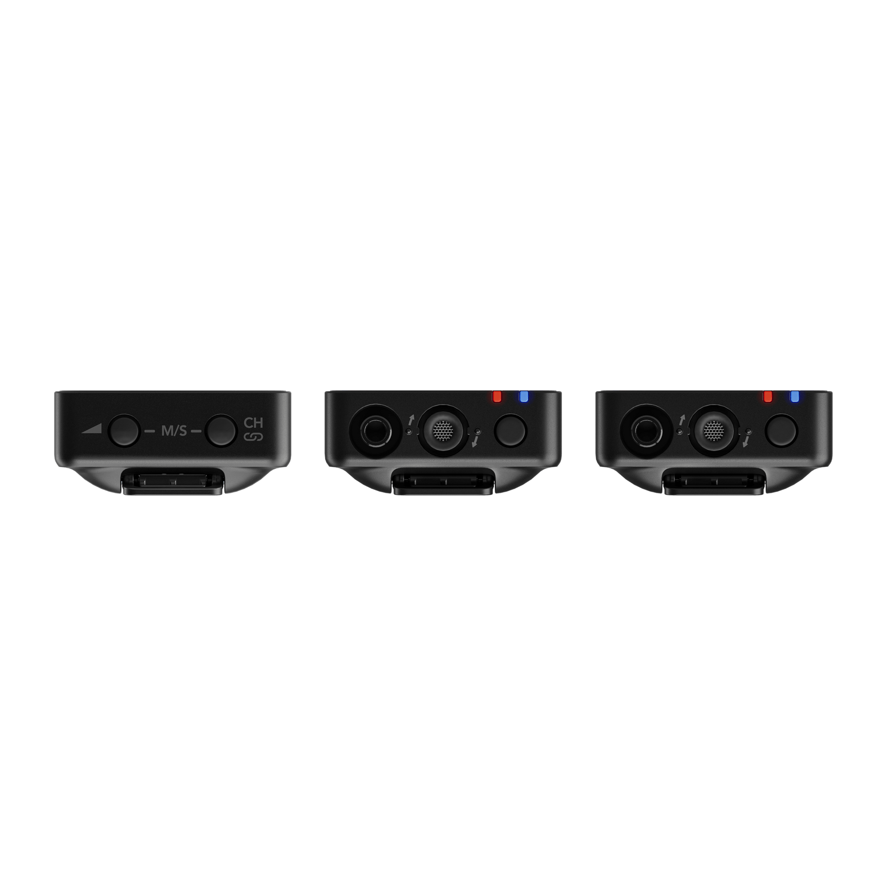 Black wireless microphone receiver with ports and controls on the rear panel