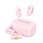 Pink wireless microphone kit with charging case, two clip-on transmitters, and charging cable.