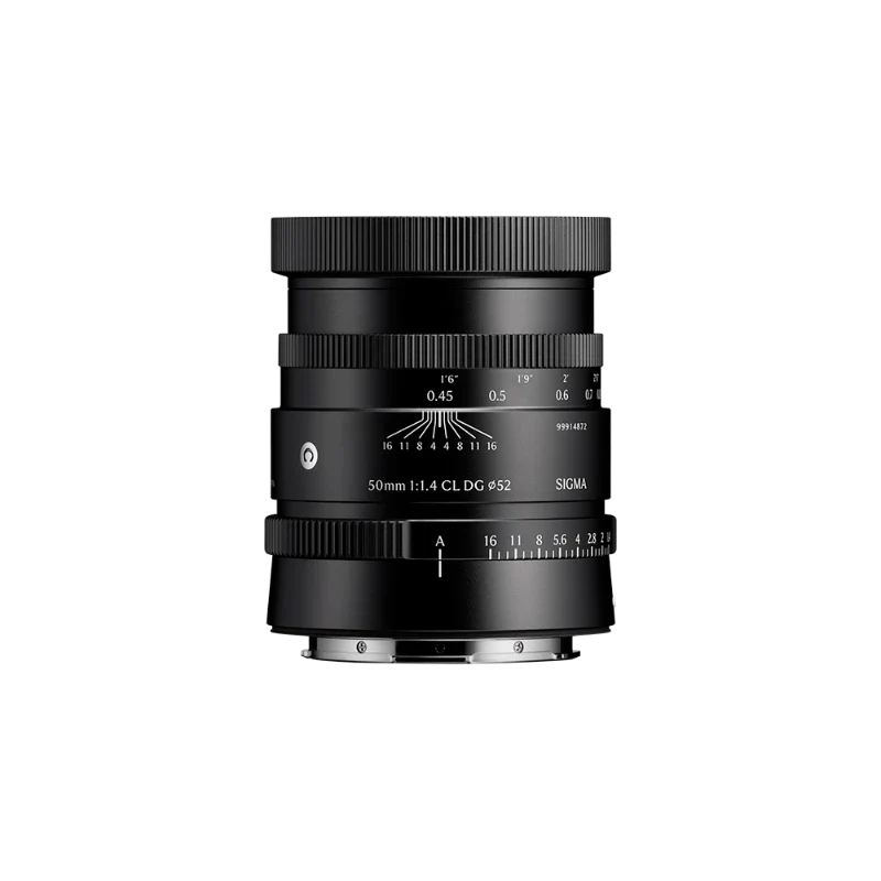 Black Sigma 50mm F1.4 camera lens with front glass and focus/size scale markings