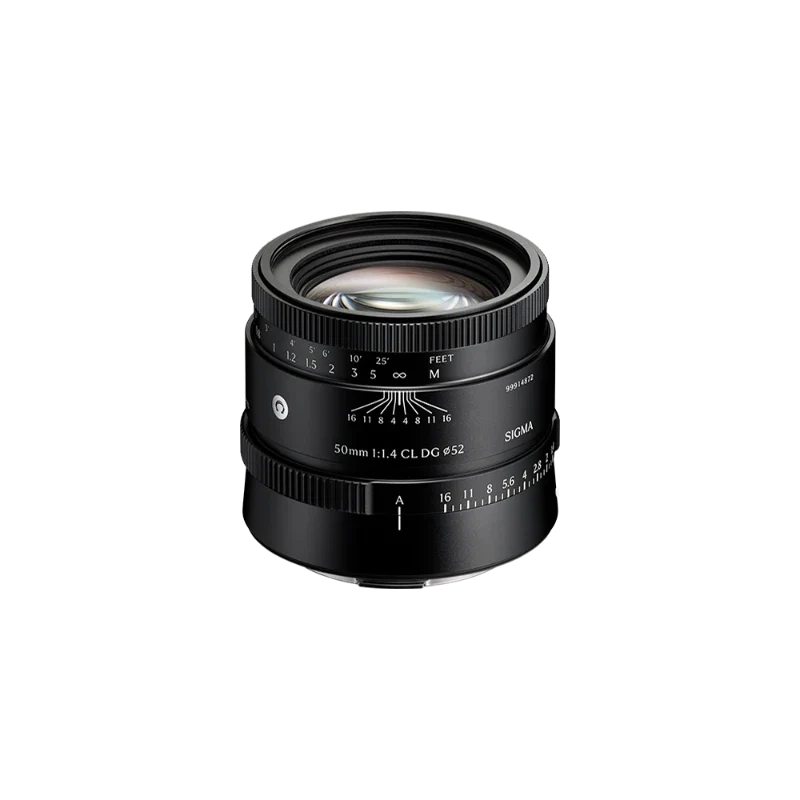 Black 50mm F1.4 camera lens with front element, engraved distance scale, and Sigma logo