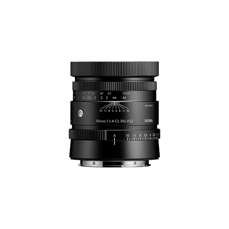 Black Sigma 50mm F1.4 lens shown from the side with aperture ring and distance markings