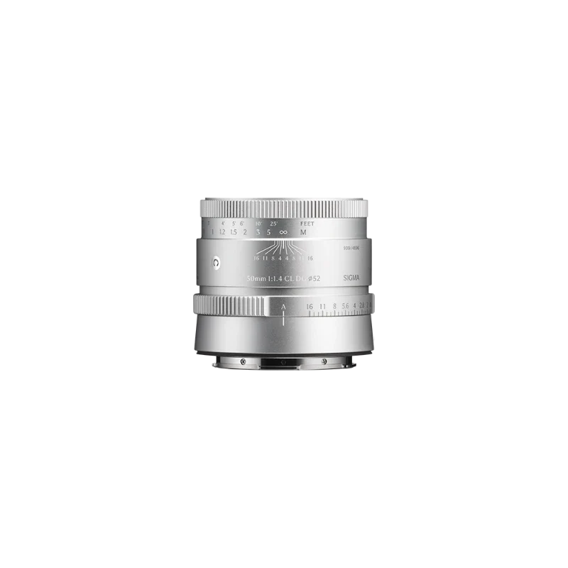 Silver Sigma 50mm F1.4 camera lens with front glass and engraved focus scale