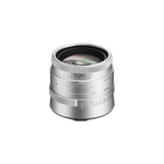Silver 50mm F1.4 camera lens with visible front element and engraved distance scale