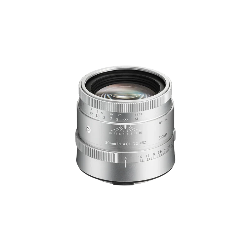 Silver 50mm F1.4 camera lens with visible front element and engraved distance scale