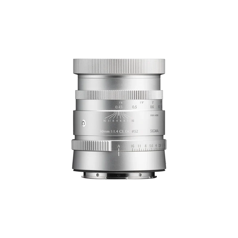 Silver Sigma 50mm F1.4 lens from above showing ridged focus ring and engraved barrel