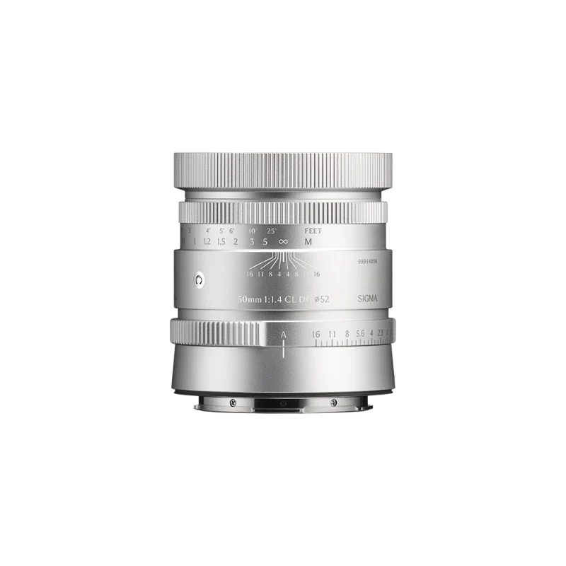 Silver 50mm F1.4 camera lens side view with engraved markings and front ring