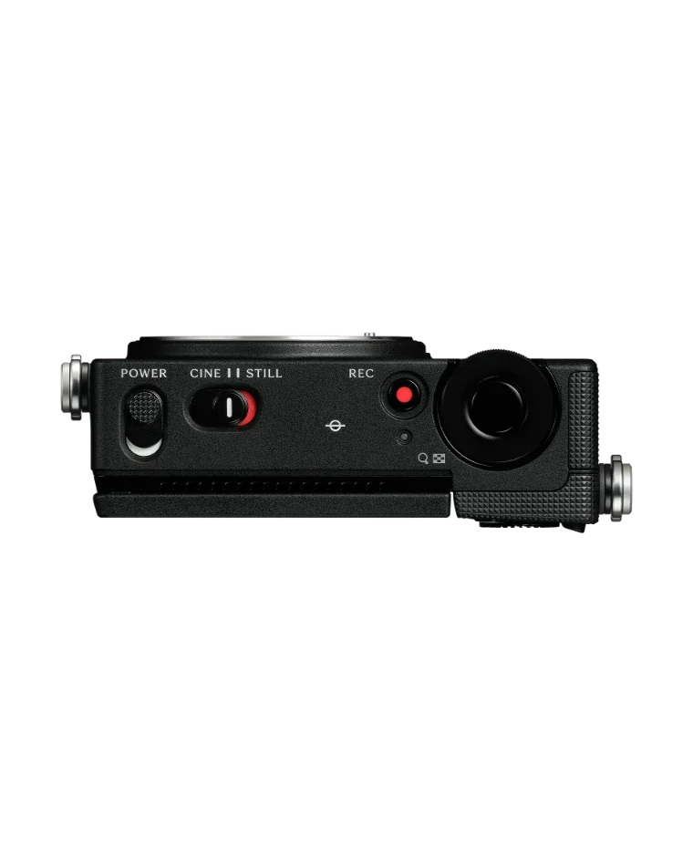 Sigma FP2 camera body top view with powered red indicators and dials, black