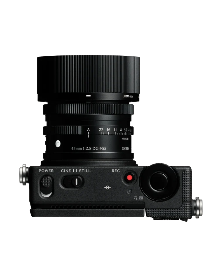 Sigma FP2 with lens attached showing top controls and mounted lens barrel, black