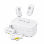 White wireless microphone kit with charging case, two clip-on transmitters, and charging cable.