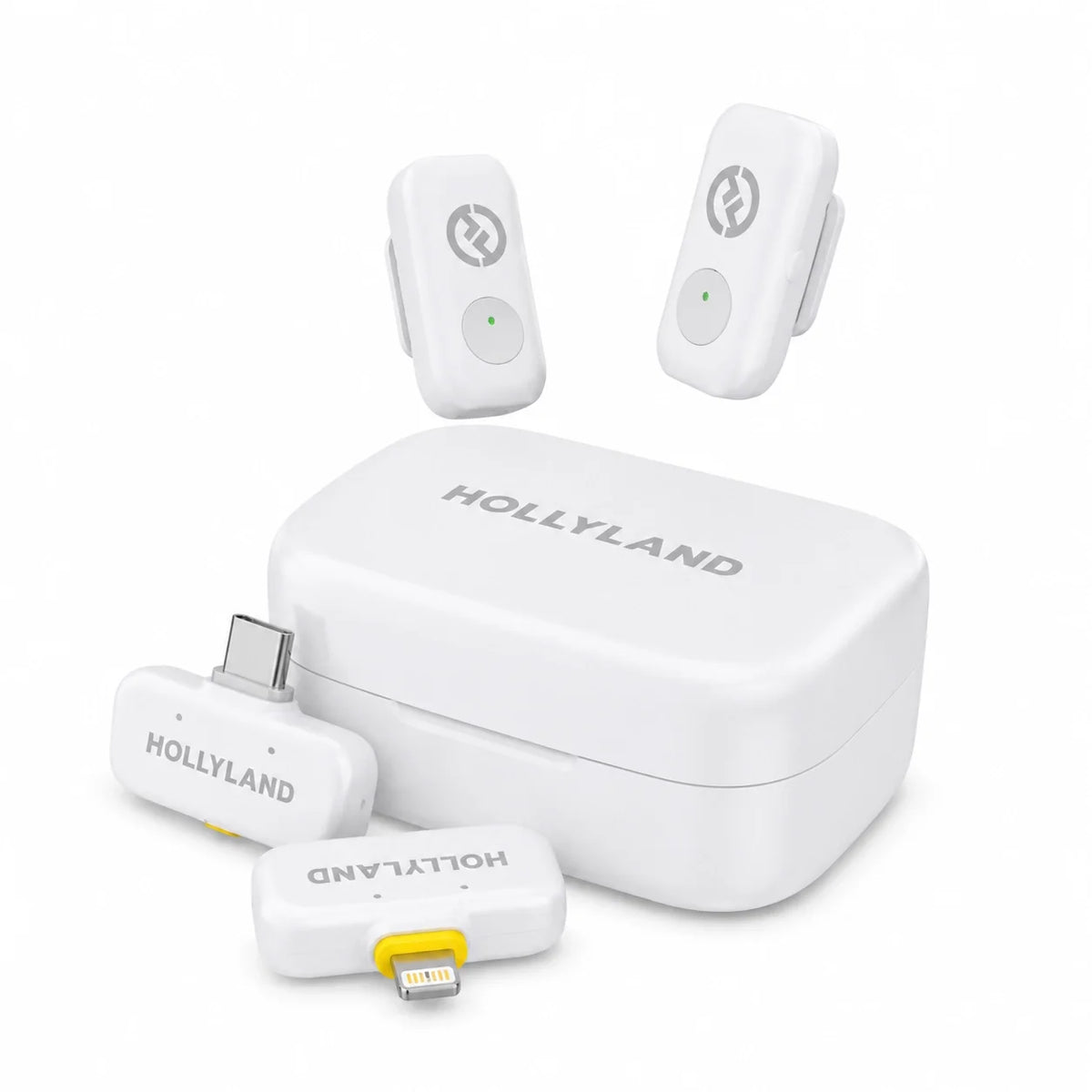 White wireless microphone kit with charging case, two clip-on transmitters, and charging cable.